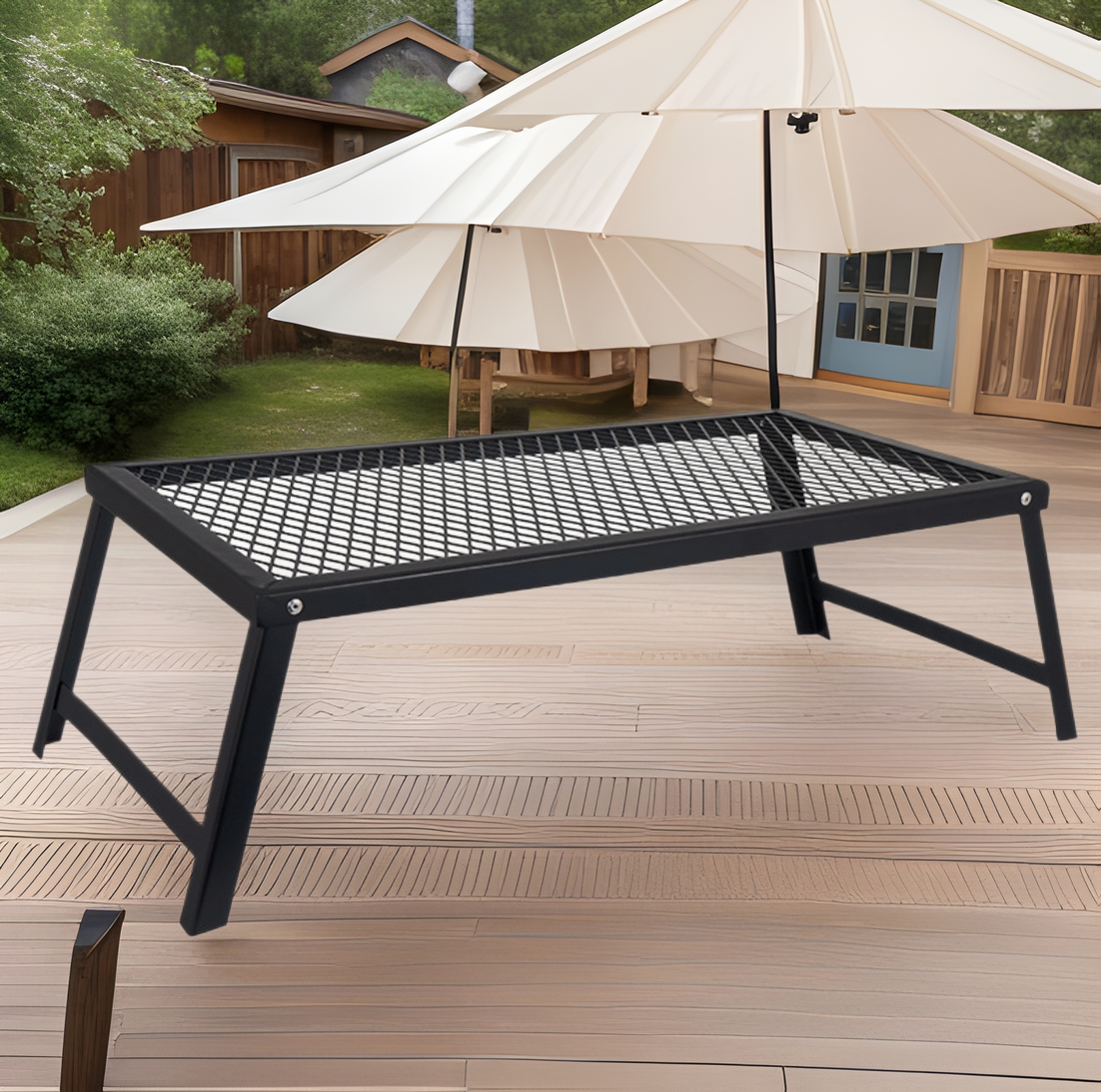 Outdoor Folding Camping Table - Portable Picnic BBQ Table with Iron Mesh Top, Heavy-Duty Aluminum Frame, for Camping, Backpacking, Beach, Backyard & More