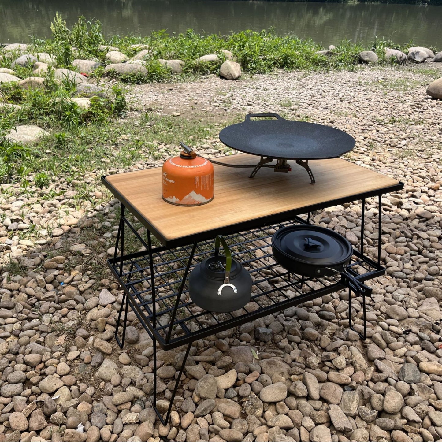 Outdoor Folding Mesh Table with Bamboo Board - Camping Portable Grill Table, Multifunctional Camping Utensil Drain Rack, Grid Table