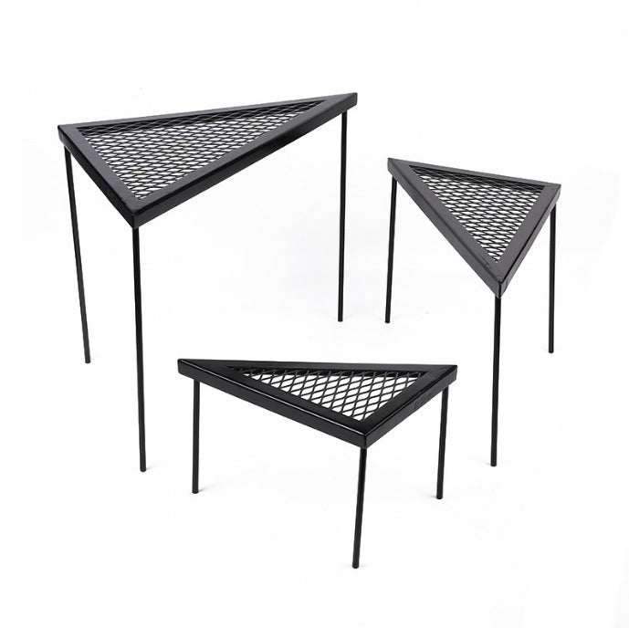 Outdoor Camping Triangle Mesh Table & Fire Pit Iron Rack Set: 3-Piece Grill, Shelf, and Tea Table Combo for Barbecue, Picnic, and Gathering
