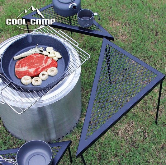 Outdoor Camping Triangle Mesh Table & Fire Pit Iron Rack Set: 3-Piece Grill, Shelf, and Tea Table Combo for Barbecue, Picnic, and Gathering