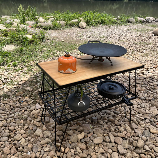 Outdoor Folding Mesh Table with Bamboo Board - Camping Portable Grill Table, Multifunctional Camping Utensil Drain Rack, Grid Table